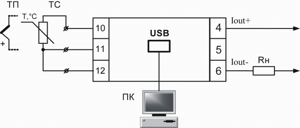 Клеммные соединители преобразователя и схема подключения датчиков