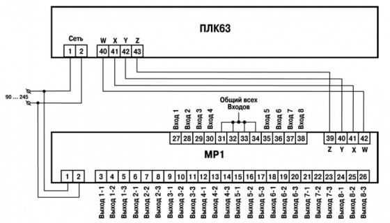 Схема подключения модуля МР1 к ПЛК63