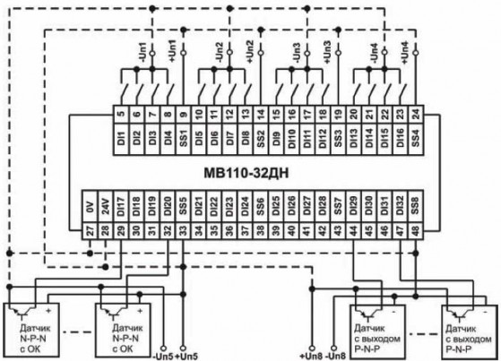 Схема подключения к МВ110-32ДН дискретных датчиков с транзисторным выходом p-n-p-типа, n-p-n-типа с ОК и с выходом типа «сухой контакт» (пример)