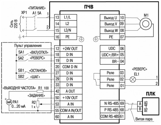 Схема подключений, SA1, SA2, SВ2 – включатели OFF-ON; SВ1 – кнопка ON-OFF;